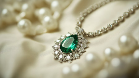 This elegant necklace features a stunning emerald pendant surrounded by sparkling diamonds, complemented by lustrous pearls, set against soft satin fabric.の素材