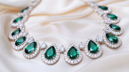 This stunning green gemstone necklace features elegant emeralds and radiant diamonds, set against a luxurious silk background, ideal for fashion showcases.の素材