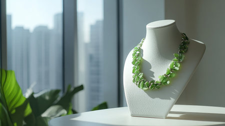 Showcase a stunning green statement necklace in a contemporary setting, beautifully illuminated by sunlight, highlighting its unique design and craftsmanship.の素材