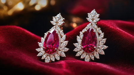 These stunning ruby and diamond earrings are beautifully showcased on rich velvet, emphasizing their elegance and luxurious appeal, perfect for special occasions.の素材