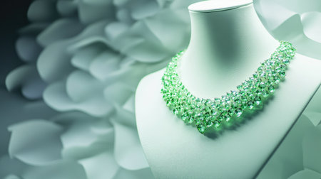 Stunning green gemstone necklace showcased on a smooth white display. This elegant piece features intricate design and a touch of luxury, perfect for fashion enthusiasts.の素材
