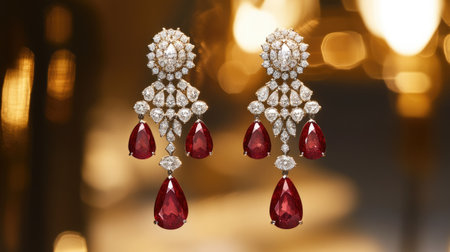 Stunning drop earrings featuring vibrant red gemstones and sparkling diamonds. Ideal for adding elegance and glamour to any outfit or special occasion.の素材