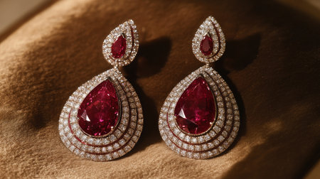 Discover these elegant red gemstone earrings adorned with sparkling diamond accents, perfect for adding a touch of luxury and sophistication to any outfit.の素材