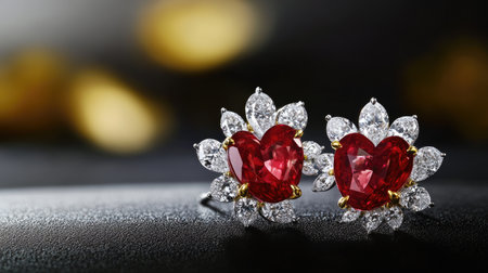 Discover these exquisite heart-shaped ruby earrings adorned with brilliant diamonds, perfect for adding elegance and romance to any jewelry collection.の素材