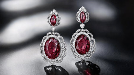 Discover the elegance of ruby and diamond earrings featuring intricate designs. Perfect for adding a touch of luxury to any outfit, these stunning accessories shine beautifully.の素材