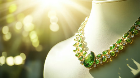 This stunning green gemstone necklace features sparkling diamonds, exuding elegance and luxury. Ideal for showcasing beauty and craftsmanship in fashionable settings.の素材