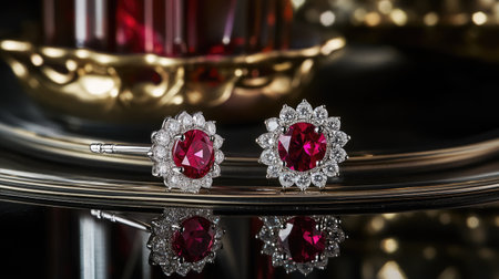 Stunning ruby earrings featuring intricate diamond accents, set against a luxurious backdrop. Perfect for enhancing elegance and beauty on any occasion.の素材