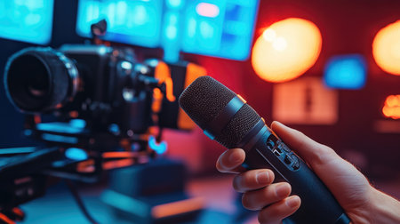Close-up of a hand holding a dynamic microphone with a camera in a modern studio. The vibrant lighting enhances the atmosphere, ideal for capturing quality audio and visuals.の素材