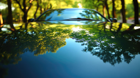 A serene view of a car hood reflecting vibrant green trees in sunlight, capturing the essence of nature and tranquility in an outdoor setting.の素材