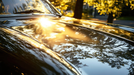 A close-up view of a vintage car hood reflecting sunlight and surrounding trees. The glossy surface captures the beauty of nature, creating a vibrant scene.の素材
