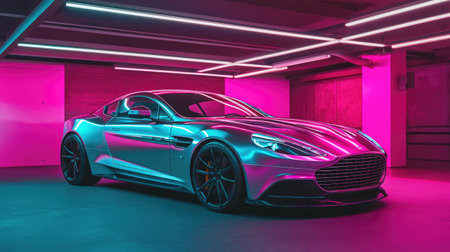 A stunning futuristic car with a metallic finish shines under vibrant neon lighting in an urban garage, showcasing elegance and modern design.の素材