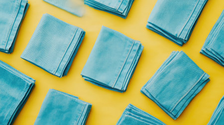 A visually appealing flat lay of neatly arranged bright blue cloths on a vibrant yellow background. Ideal for themes of cleanliness, organization, or textile product showcases.の素材