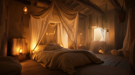 This cozy bedroom features soft textiles, ambient lighting, and a tranquil atmosphere, perfect for relaxation and comfort. Ideal for home decor inspiration.の素材