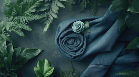 This captivating flat lay features a rolled green fabric surrounded by lush ferns and a decorative flower, creating a serene and elegant aesthetic perfect for design projects.の素材