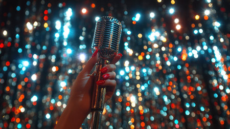 A hand holds a vintage microphone, illuminated by a vibrant bokeh background filled with colorful lights, capturing the essence of musical performance and artistic expression.の素材