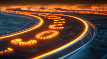 A captivating image showcasing a glowing pathway illuminated by vibrant neon light effects. The abstract design evokes a futuristic atmosphere, ideal for technology and innovation themes.の素材