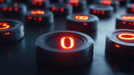 This image showcases circular buttons featuring glowing red letters against a dark background, embodying a futuristic technology theme. Ideal for digital and tech-related projects.の素材