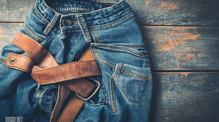 Capture the perfect blend of fashion and rustic charm with this image of denim jeans featuring a leather strap on a wooden surface, ideal for lifestyle and apparel themes.の素材