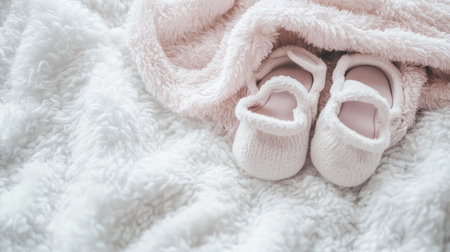 A charming pair of soft baby booties rests on a cozy pink blanket, creating a warm and inviting atmosphere perfect for newborns and infants.の素材