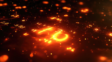 This digital background features glowing numbers and abstract particles, creating a vibrant and dynamic atmosphere for technology and innovation themes.の素材