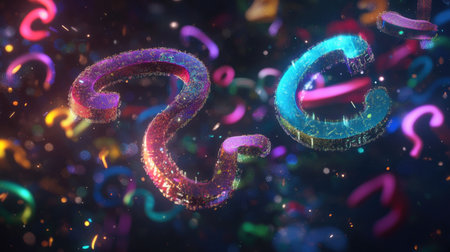 This vibrant abstract image showcases colorful question marks floating in a digital space, illuminated by bright lights and sparkles, representing curiosity and imagination.の素材