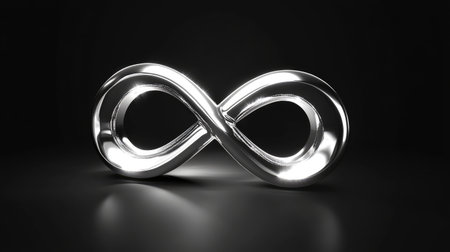 A sleek shiny silver infinity symbol stands out against a dark background, representing endless possibilities and connections in a modern artistic design.の素材