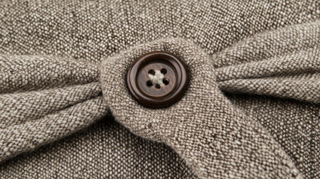 Close-up image of a textured gray fabric featuring a stylish button closure. The design showcases fine stitching and an elegant aesthetic suitable for various creative projects.の素材