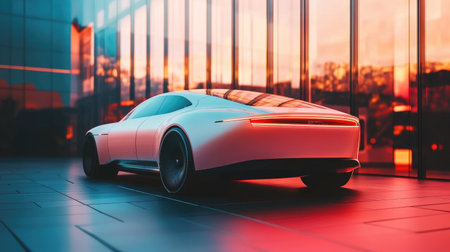 This image showcases a sleek futuristic car design with striking sunset reflections and modern architecture, highlighting innovation and luxury in automotive technology.の素材