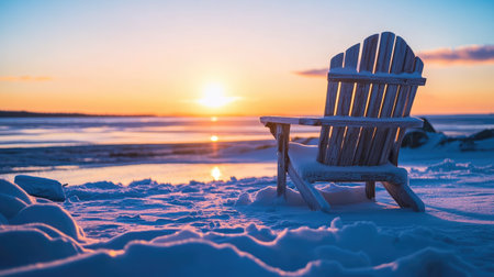 A beautiful winter sunset casts warm hues over a snowy beach with a lonely wooden chair. The peaceful scene invites reflection and tranquility.の素材