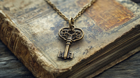 Capture the essence of nostalgia with this vintage key necklace resting on a weathered book cover. Perfect for themes of beauty and mystery.の素材