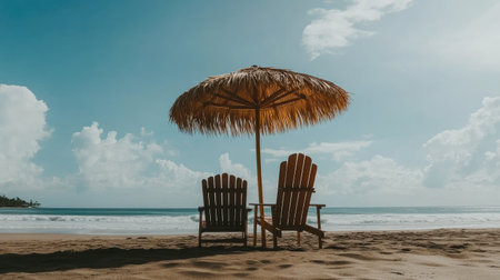 A serene beach scene featuring two wooden chairs and a straw umbrella, inviting relaxation under a bright blue sky and gentle waves. Perfect for vacation inspiration.の素材