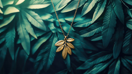 A charming gold leaf pendant necklace elegantly suspended against a lush green leaf background. This captivating image showcases the beauty of nature-inspired jewelry.の素材
