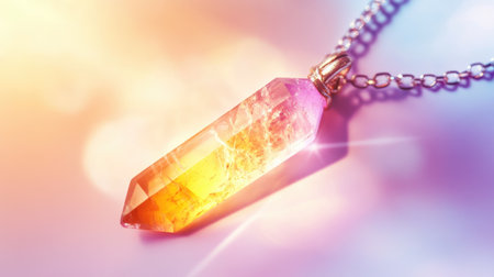 A stunning crystal pendant featuring a blend of pink and yellow hues, suspended on a delicate chain. Perfect for adding elegance to any outfit.の素材