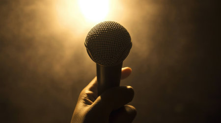 A dramatic close-up of a hand holding a microphone against a bright backlight, surrounded by smoke, symbolizing music, performance, and expression in events.の素材