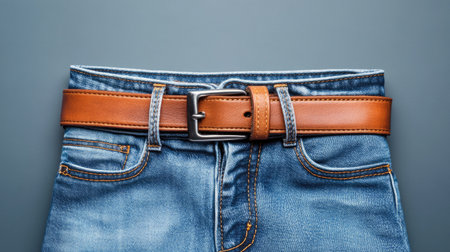 This image showcases a stylish pair of denim jeans paired with a brown leather belt, beautifully arranged on a gray background, highlighting perfect textures.の素材
