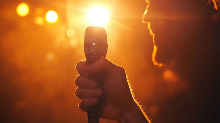 A dramatic silhouette of a singer holding a microphone, bathed in warm light, captures the essence of live performance and musical expression.の素材