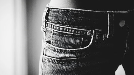 This black and white close-up image showcases the detail of a pocket on denim jeans, highlighting the fabric texture and tailored design in an artistic manner.の素材