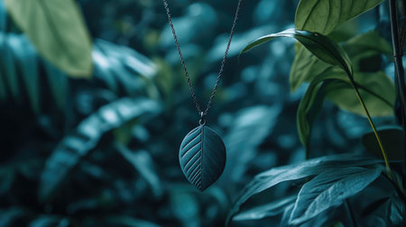 This captivating image features an elegant leaf pendant necklace hanging against a backdrop of lush greenery, embodying a serene and natural beauty ideal for jewelry enthusiasts.の素材