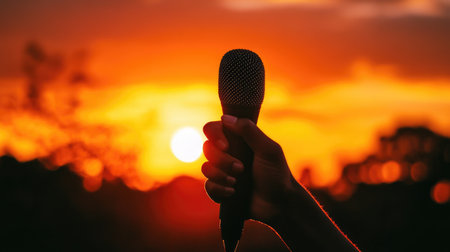A silhouette of a hand holding a microphone during a stunning sunset. This image captures the essence of performance and creativity against vibrant colors, ideal for music and event promotions.の素材