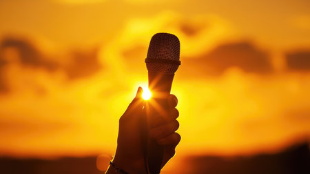 A hand holding a microphone stands against a stunning sunset sky, symbolizing creativity and expression. The warm glow captures a moment of inspiration.の素材