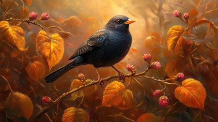 A vibrant blue bird sits gracefully on a branch adorned with autumn leaves, showcasing the beauty of nature in a serene environment filled with color.の素材
