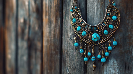 A beautiful vintage turquoise necklace featuring an ornate design, hanging elegantly against a wooden background. Ideal for fashion and jewelry lovers.の素材