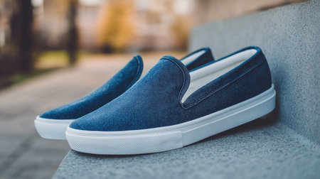 A pair of casual denim slip-on shoes sit elegantly on a stone surface, showcasing their stylish design. Perfect for relaxed outdoor activities.の素材