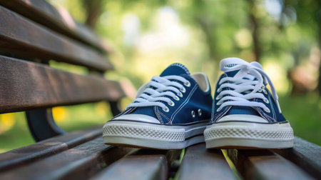 A pair of casual blue sneakers with white laces rests on a wooden bench surrounded by vibrant green trees, capturing a moment of relaxation and youthful style.の素材