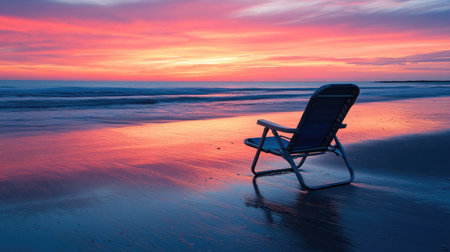 Experience the serene beauty of a tranquil beach at sunset, featuring an empty chair on the wet sand. This peaceful scene captures the vibrant colors of dusk.の素材