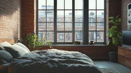 This cozy urban bedroom features large windows that fill the space with natural light, highlighting the warm brick wall and inviting decor.の素材