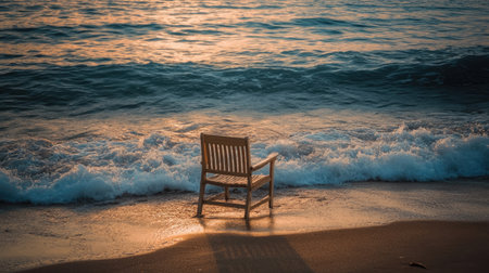 A serene wooden chair placed gently on sand beside the ocean waves as the sun sets, creating a peaceful and tranquil atmosphere ideal for relaxation and meditation.の素材