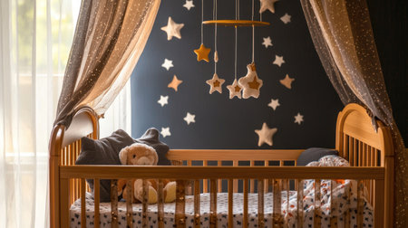 A serene baby nursery featuring a wooden crib, soft toys, and star-themed decor. The gentle ambiance creates a cozy and peaceful environment for infants.の素材