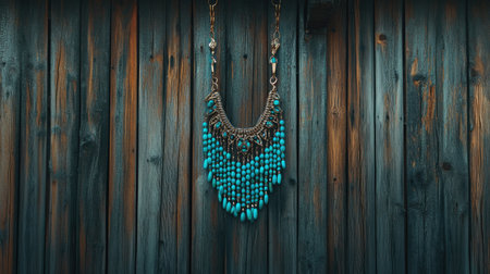 An eye-catching turquoise pendant necklace is beautifully displayed against a rustic wooden wall. This striking piece showcases intricate details and vibrant colors, perfect for any fashion enthusiast.の素材