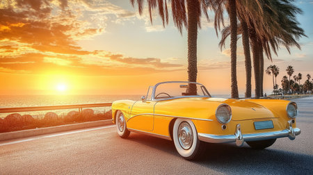 A vibrant yellow convertible car parked along a coastal road at sunset, surrounded by palm trees and overlooking the ocean, evoking a sense of adventure and relaxation.の素材